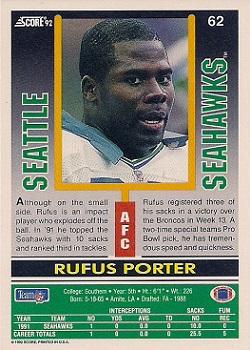 1992 Score #62 Rufus Porter Back