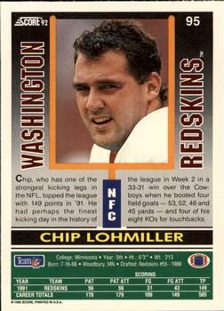1992 Score #95 Chip Lohmiller Back