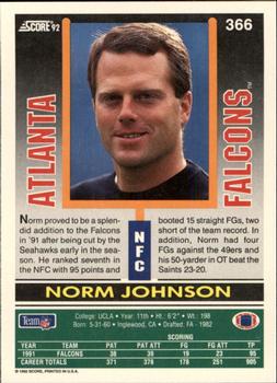 1992 Score #366 Norm Johnson Back