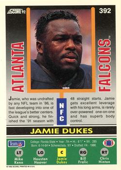 1992 Score #392 Jamie Dukes Back