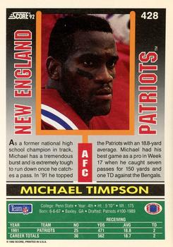 1992 Score #428 Michael Timpson Back