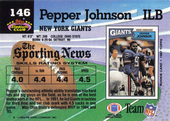 1992 Stadium Club #146 Pepper Johnson Back