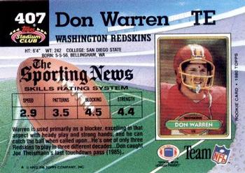 1992 Stadium Club #407 Don Warren Back