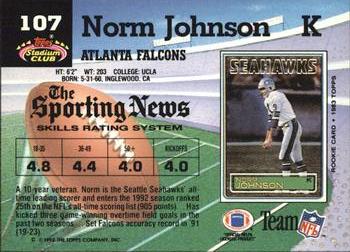 1992 Stadium Club #107 Norm Johnson Back