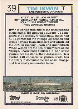 1992 Topps #39 Tim Irwin Back