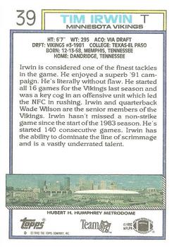 1992 Topps #39 Tim Irwin Back