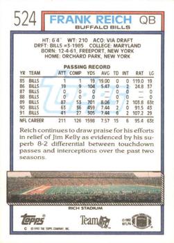 1992 Topps #524 Frank Reich Back