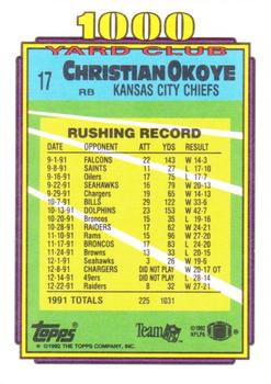 1992 Topps - 1000 Yard Club #17 Christian Okoye Back