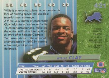 1992 Ultra #421 Willie Clay Back