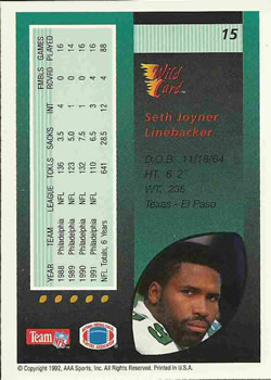 1992 Wild Card #15 Seth Joyner Back