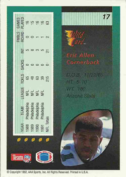 1992 Wild Card #17 Eric Allen Back