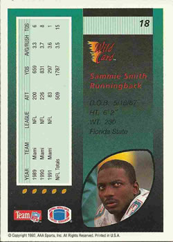 1992 Wild Card #18 Sammie Smith Back