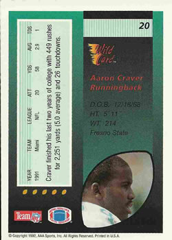 1992 Wild Card #20 Aaron Craver Back