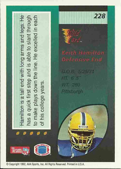 1992 Wild Card #228 Keith Hamilton Back