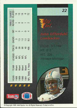 1992 Wild Card #22 John Offerdahl Back
