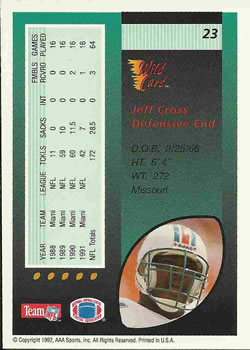 1992 Wild Card #23 Jeff Cross Back