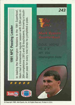 1992 Wild Card #243 Mark Rypien Back