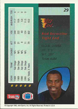 1992 Wild Card #29 Rod Bernstine Back