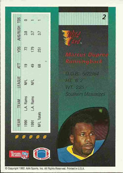 1992 Wild Card #2 Marcus Dupree Back
