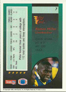 1992 Wild Card #7 Roman Phifer Back