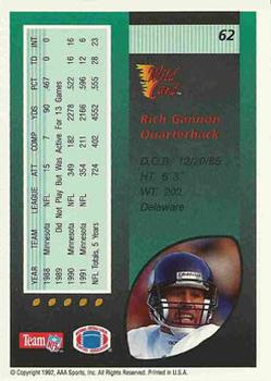 1992 Wild Card #62 Rich Gannon Back
