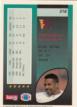 1992 Wild Card #318 Todd McNair Back