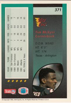 1992 Wild Card #371 Tim McKyer Back