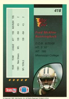 1992 Wild Card #418 Fred McAfee Back