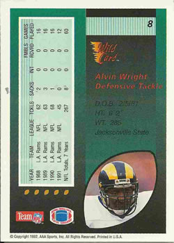 1992 Wild Card #8 Alvin Wright Back