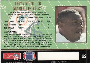 1993 Action Packed #62 Troy Vincent Back