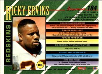 1993 Bowman #184 Ricky Ervins Back