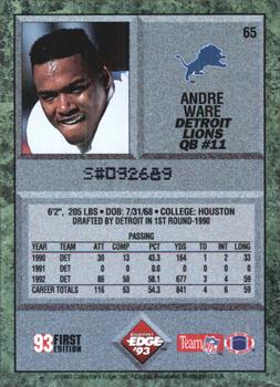 1993 Collector's Edge #65 Andre Ware Back
