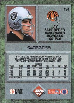 1993 Collector's Edge #194 Jay Schroeder Back