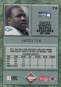 1993 Collector's Edge #216 Cortez Kennedy Back