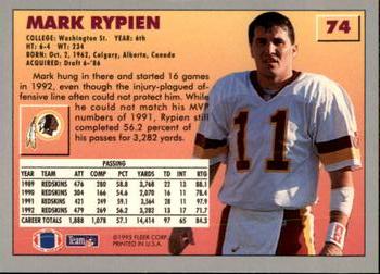 1993 Fleer #74 Mark Rypien Back