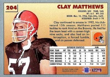 1993 Fleer #204 Clay Matthews Back