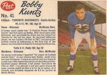 1962 Post Cereal CFL #41 Bobby Kuntz Front