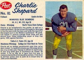 1962 Post Cereal CFL #81 Charlie Shepard Front