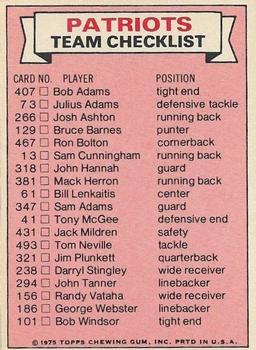 1975 Topps - Team Checklists #NNO New England Patriots Back