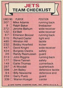 1975 Topps - Team Checklists #NNO New York Jets Back