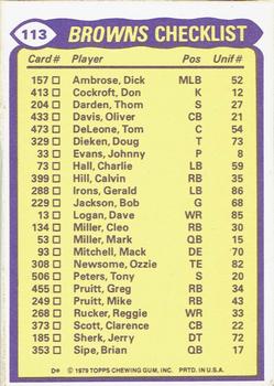 1979 Topps - Checklist Sheet Singles #113 Browns Team Leaders Back