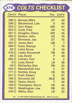 1979 Topps - Checklist Sheet Singles #376 Colts Team Leaders Back