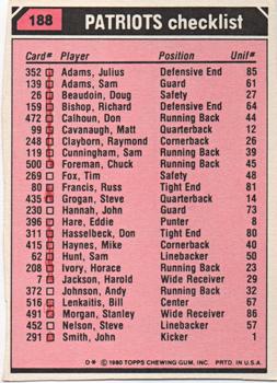 1980 Topps - Team Checklists #188 Sam Cunningham / Harold Jackson / Raymond Clayborn / Tony McGee Back