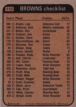 1981 Topps - Team Checklists #113 Mike Pruitt / Dave Logan / Ron Bolton / Lyle Alzado Back