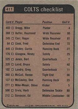 1981 Topps - Team Checklists #411 Curtis Dickey / Roger Carr / Bruce Laird / Mike Barnes Back