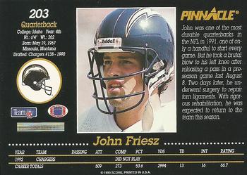 1993 Pinnacle #203 John Friesz Back