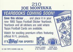 1985 Topps - Yearbooks Coming Soon Stickers #210 Joe Montana Back