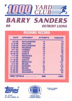 1991 Topps - 1000 Yard Club #2 Barry Sanders Back