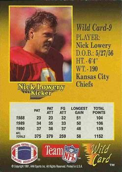 1991 Wild Card - 20 Stripe #9 Nick Lowery Back