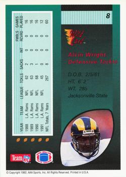 1992 Wild Card - 10 Stripe #8 Alvin Wright Back